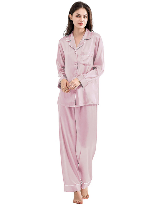 Elegant Pale Pink Satin Pajama Set with White Piping - Women's Luxe Sleepwear